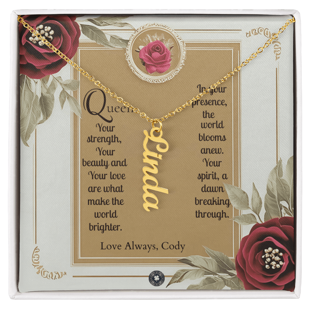 Vertical Name Necklace: Queen Jewelry 18k Yellow Gold Two Tone Box The Silver Clover & Co.