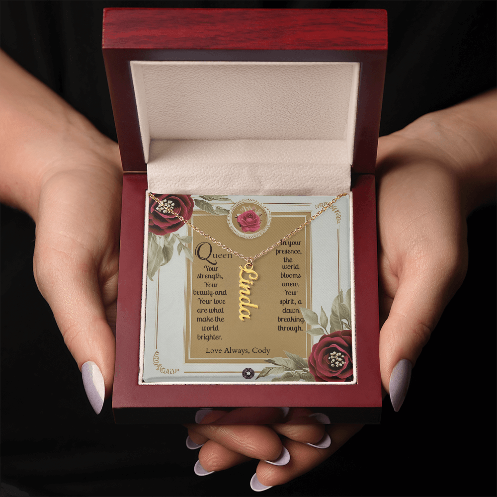 Vertical Name Necklace: Queen Jewelry 18k Yellow Gold Two Tone Box The Silver Clover & Co.