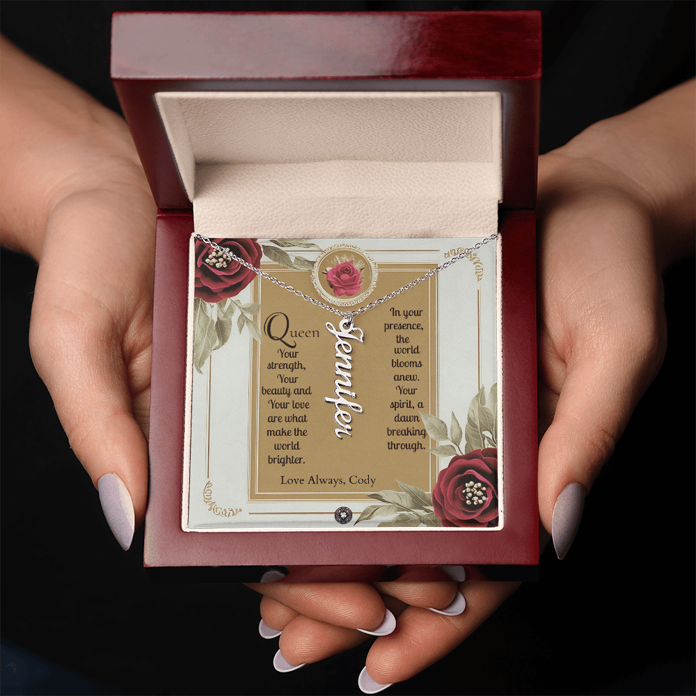 Vertical Name Necklace: Queen Jewelry 18k Yellow Gold Two Tone Box The Silver Clover & Co.