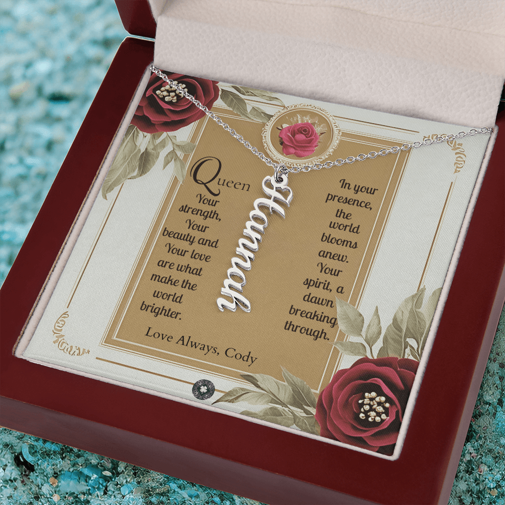 Vertical Name Necklace: Queen Jewelry 18k Yellow Gold Two Tone Box The Silver Clover & Co.