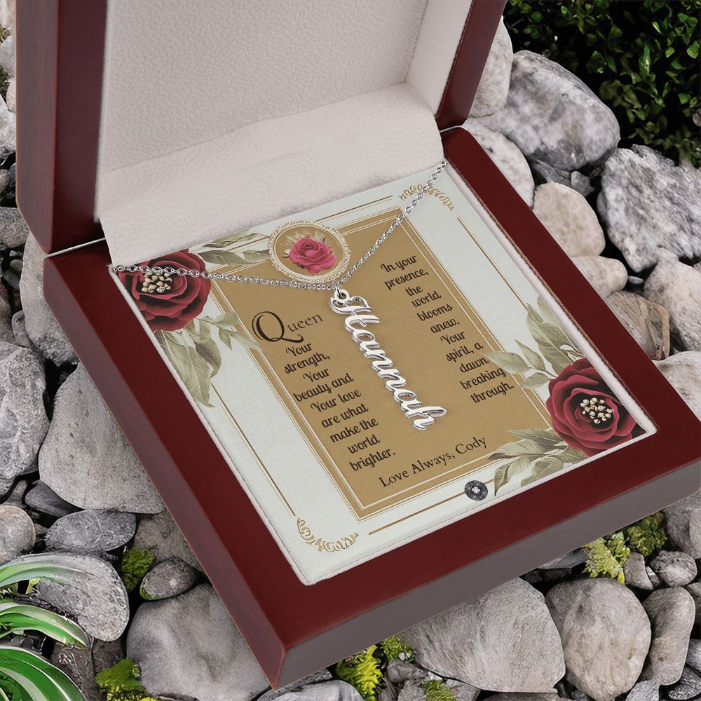 Vertical Name Necklace: Queen Jewelry Polished Stainless Steel Mahogany Style Luxury Box with LED The Silver Clover & Co.