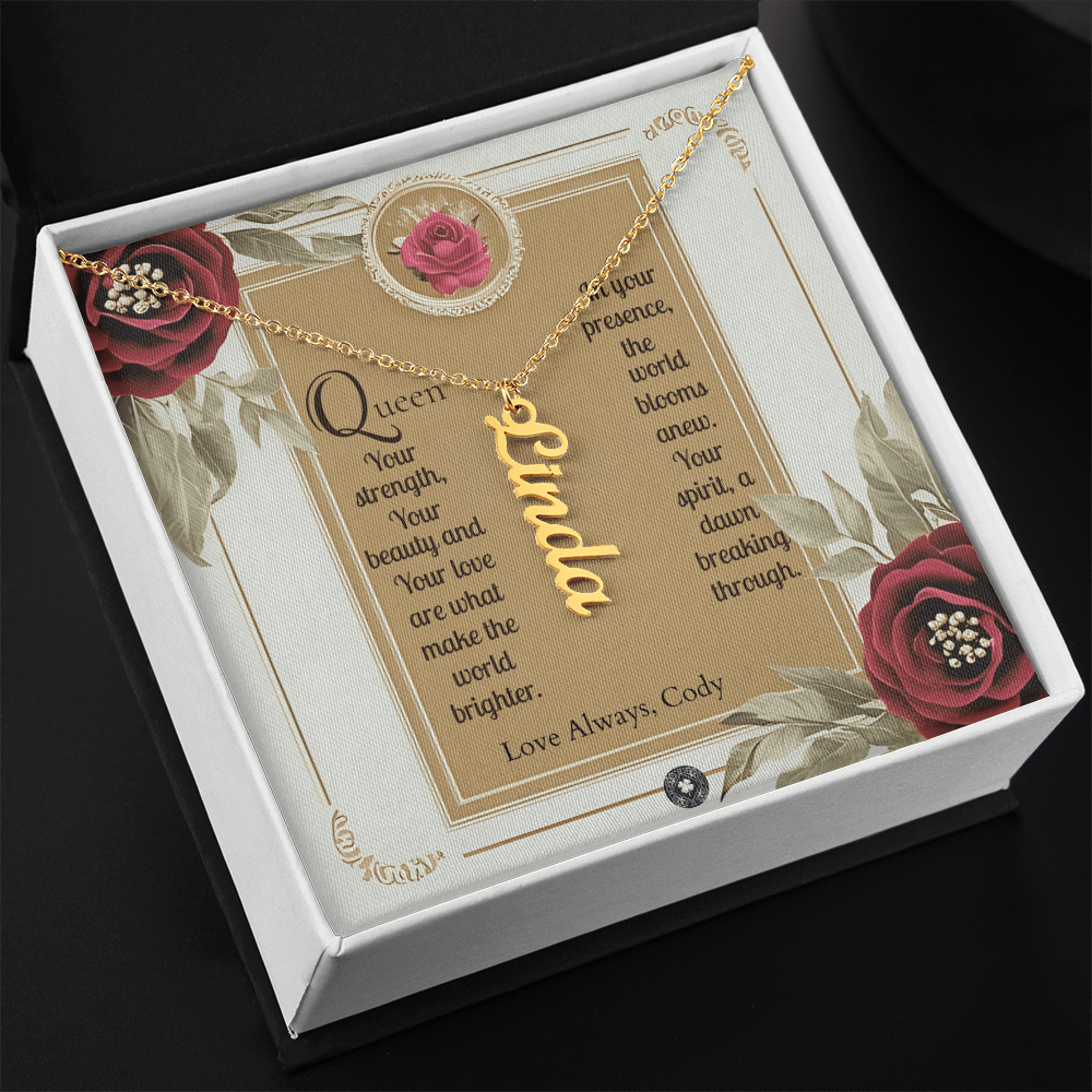Vertical Name Necklace: Queen Jewelry Polished Stainless Steel Two Tone Box The Silver Clover & Co.