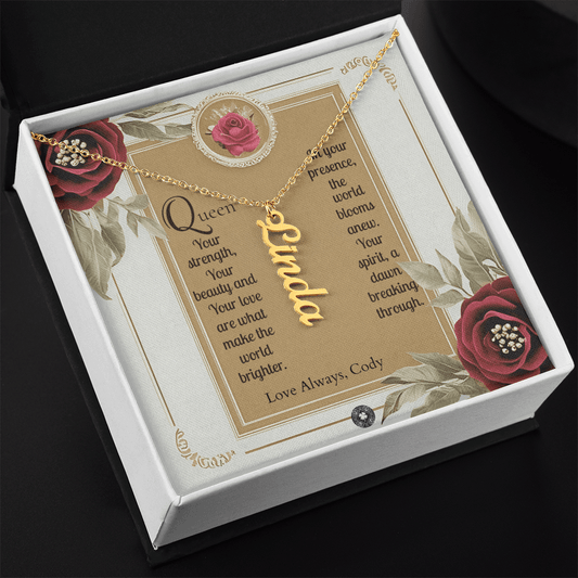 Vertical Name Necklace: Queen Jewelry Polished Stainless Steel Two Tone Box The Silver Clover & Co.
