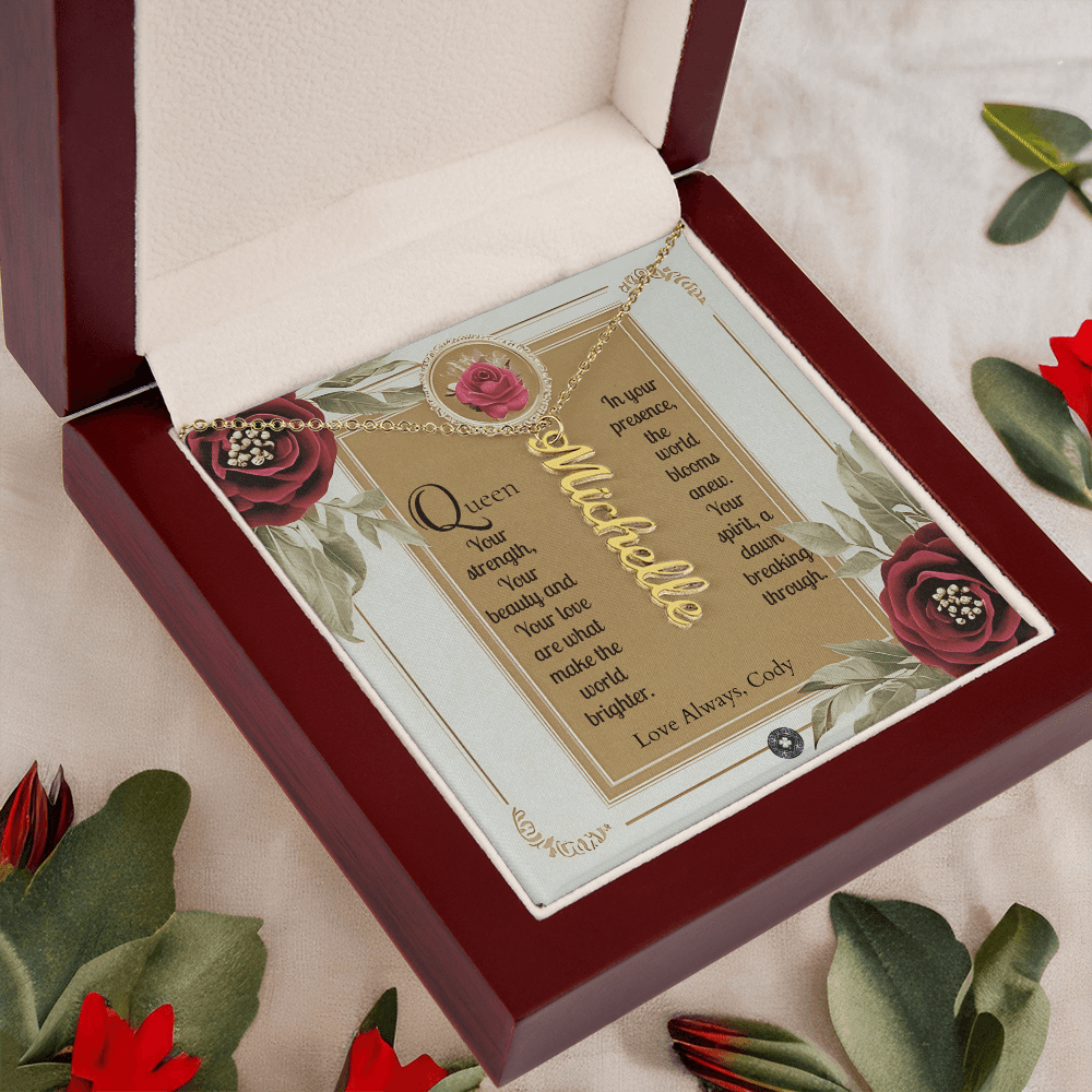 Vertical Name Necklace: Queen Jewelry Polished Stainless Steel Mahogany Style Luxury Box with LED The Silver Clover & Co.