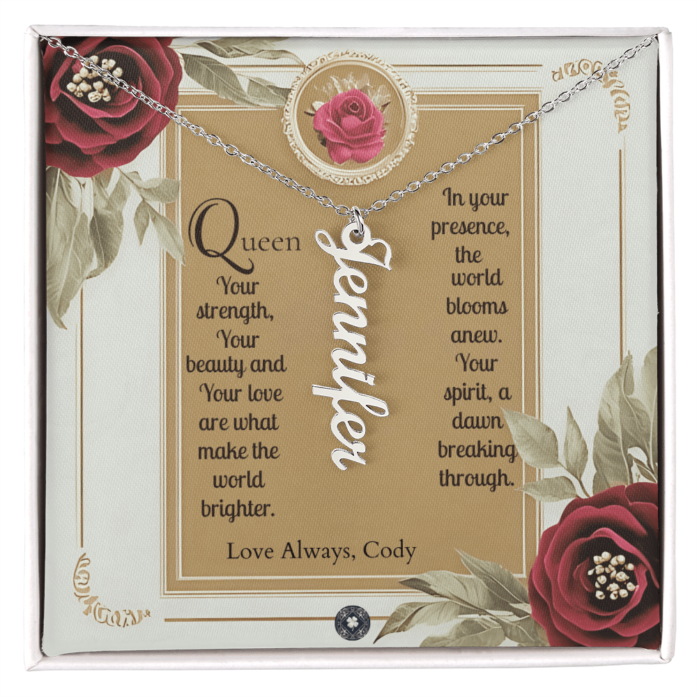 Vertical Name Necklace: Queen Jewelry Polished Stainless Steel Two Tone Box The Silver Clover & Co.