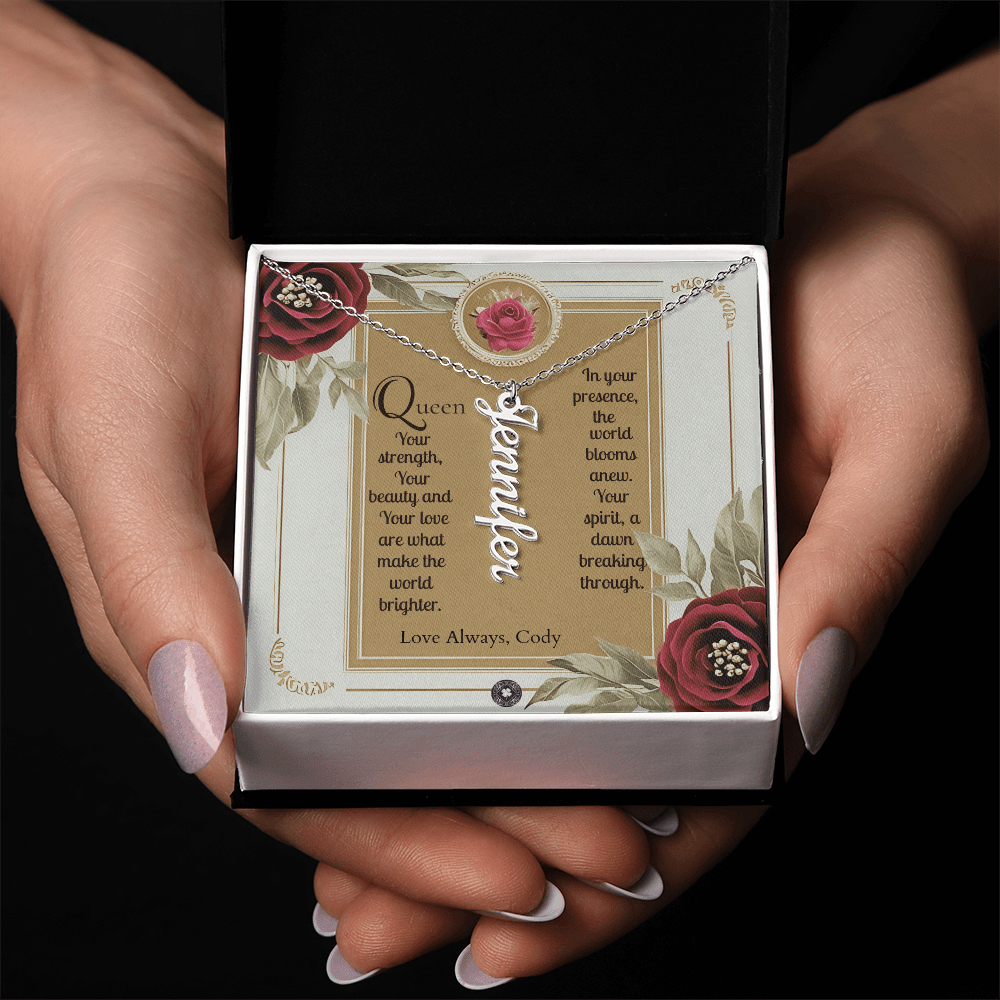 Vertical Name Necklace: Queen Jewelry Polished Stainless Steel Two Tone Box The Silver Clover & Co.