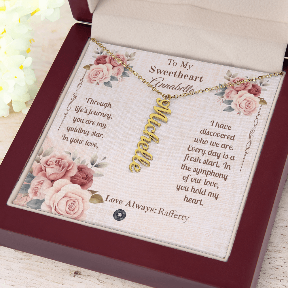Vertical Name Necklace: Sweetheart Jewelry 18k Yellow Gold Mahogany Style Luxury Box with LED The Silver Clover & Co.