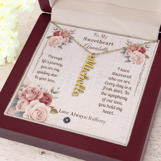 Vertical Name Necklace: Sweetheart Jewelry 18k Yellow Gold Mahogany Style Luxury Box with LED The Silver Clover & Co.