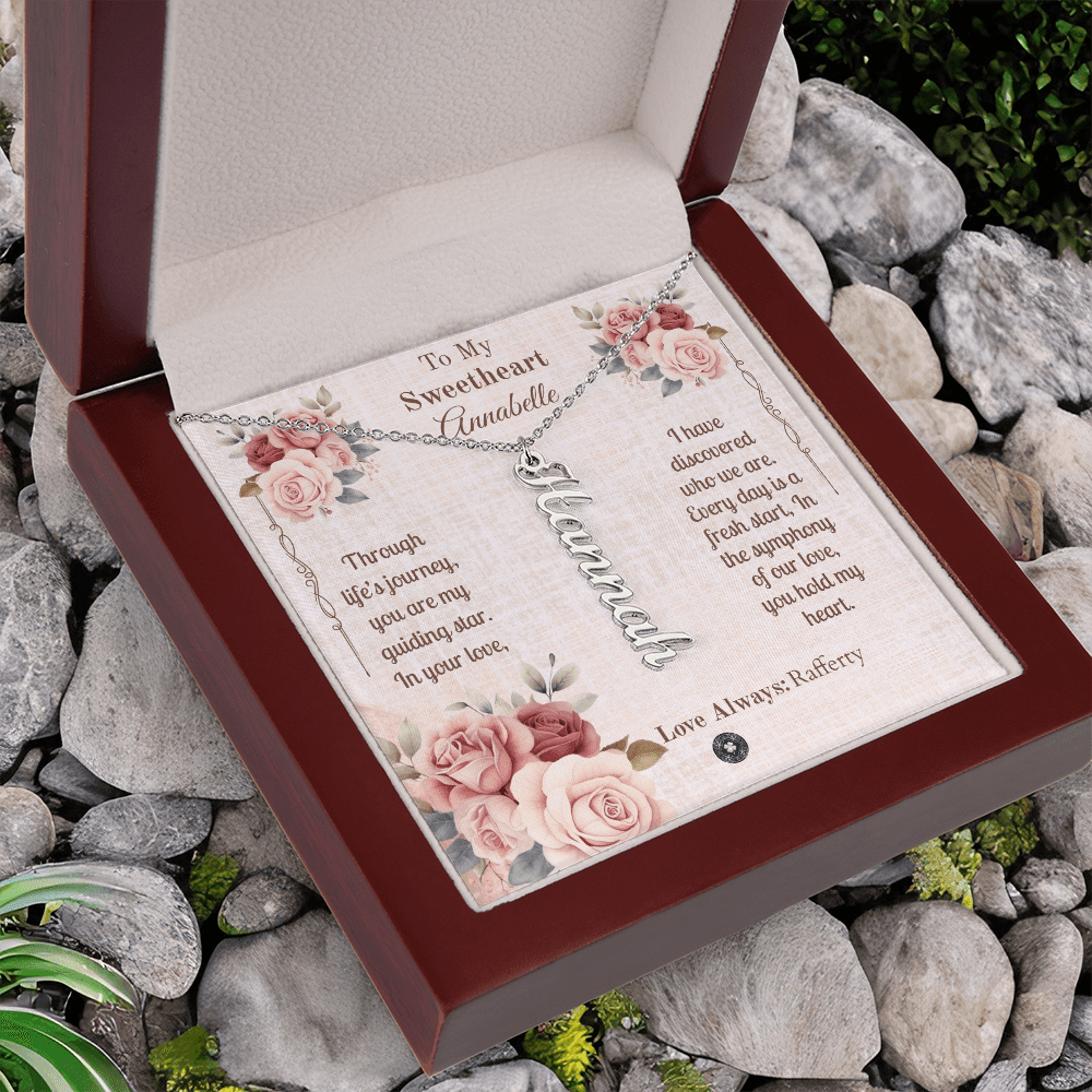 Vertical Name Necklace: Sweetheart Jewelry Polished Stainless Steel Mahogany Style Luxury Box with LED The Silver Clover & Co.